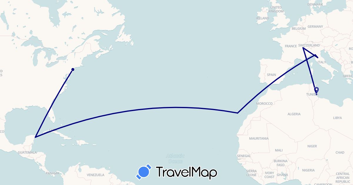 TravelMap itinerary: driving in Switzerland, Spain, Italy, Mexico, Tunisia, United States (Africa, Europe, North America)